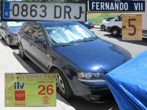 Veh&iacute;culos abandonados, verlassene Fahrzeuge, Madrid, Spanien, Audi A3, Kennzeichen 0863 DRJ, Erstzulassung Januar 2005, Calle Fernando VII 5, 28037 Madrid im Juli 2026