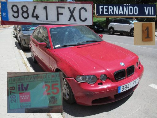 Veh&iacute;culos abandonados, verlassene Fahrzeuge, Madrid, Spanien, BMW 1 Serie, Kennzeichen 9841 FXC, Erstzulassung November 2007, Calle Fernando VII 1, 28037 Madrid im Juli 2026