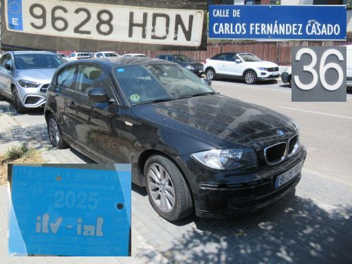 Veh&iacute;culos abandonados, verlassene Fahrzeuge, Madrid, Spanien, BMW 116d, Kennzeichen 9628 HDN, Erstzulassung Mai 2011, Calle Carlos Fernandez Casado 36, 28055 Madrid im Juli 2026