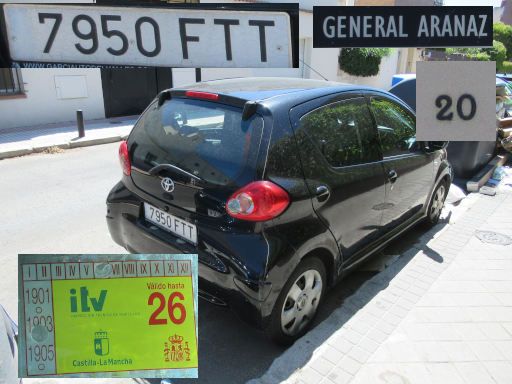 Veh&iacute;culos abandonados, verlassene Fahrzeuge, Madrid, Spanien, Toyota Aygo, Kennzeichen 7950 FTT, Erstzulassung August 2007, Calle General Aranaz 20, 28027 Madrid im Juli 2026