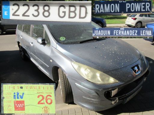Veh&iacute;culos abandonados, verlassene Fahrzeuge, Madrid, Spanien, Peugeot 307 SW, Kennzeichen 2238 GBD, Erstzulassung Februar 2008, Calle Ramon Power, 28043 Madrid im Juli 2026