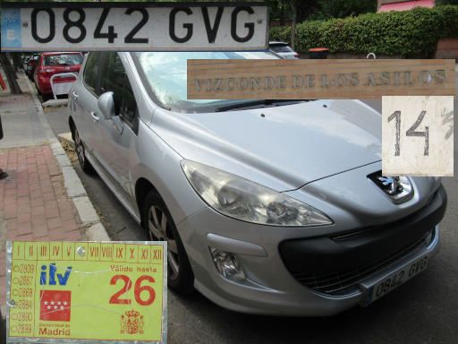 Veh&iacute;culos abandonados, verlassene Fahrzeuge, Madrid, Spanien, Peugeot 308, Kennzeichen 0842 GVG, Erstzulassung M&auml;rz 2010, Calle Vizconde de los Asilos 14, 28027 Madrid im Juli 2026