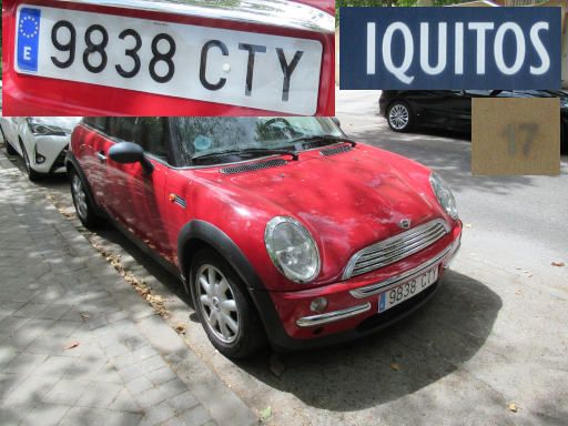 Veh&iacute;culos abandonados, verlassene Fahrzeuge, Madrid, Spanien, Mini One, Kennzeichen 9838 CTY, Erstzulassung April 2004, Calle Iquitos 17, 28027 Madrid im Juli 2026