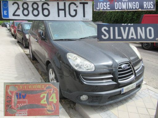 Veh&iacute;culos abandonados, verlassene Fahrzeuge, Madrid, Spanien, Subaru B9 Tribeca, Kennzeichen 2886 HGT, Erstzulassung Oktober 2011, Calle Jose Domingo Rus / Calle Silvano, 28043 Madrid im Juli 2026