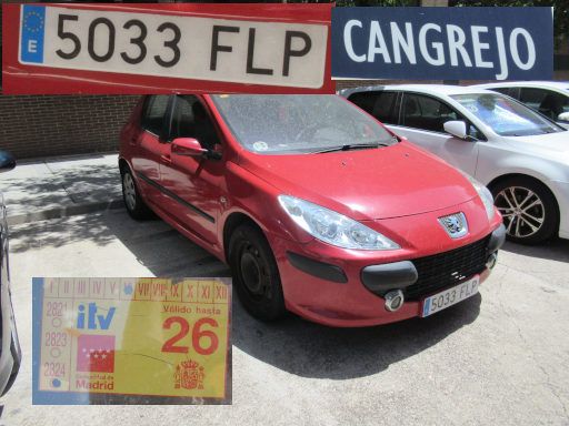 Veh&iacute;culos abandonados, verlassene Fahrzeuge, Madrid, Spanien, Peugeot 307, Kennzeichen 5033 FLP, Erstzulassung Februar 2007, Calle Cangrejo 5, 28031 Madrid im Juli 2026