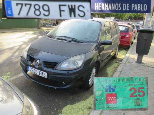 Veh&iacute;culos abandonados, verlassene Fahrzeuge, Madrid, Spanien, Renault Scenic, Kennzeichen 7789 FWS, Erstzulassung Oktober 2007, Calle Hermanos de Pablo, 28027 Madrid im Juli 2026