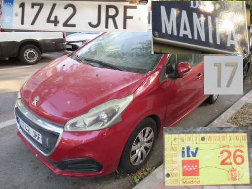 Veh&iacute;culos abandonados, verlassene Fahrzeuge, Madrid, Spanien, Peugeot 208 Blue HDI, Kennzeichen 1742 JRF, Erstzulassung Juli 2016, Calle Manipa 17, 28027 Madrid im Juli 2026