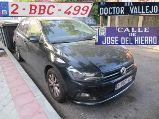Veh&iacute;culos abandonados, verlassene Fahrzeuge, Madrid, Spanien, Volkswagen Polo, Kennzeichen Belgien 2 BBC 499, unbekannter Erstzulassung, Calle Doctor Vallejo / Calle Jose del Hierro, 28027 Madrid im Juli 2026