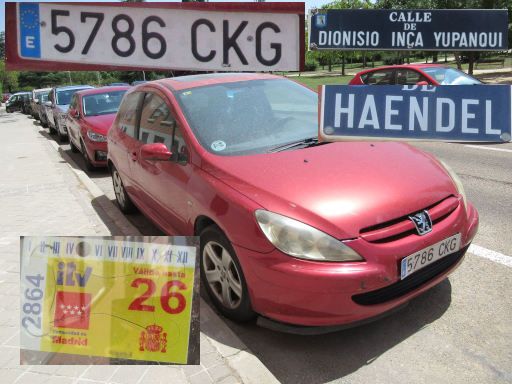 Veh&iacute;culos abandonados, verlassene Fahrzeuge, Madrid, Spanien, Peugeot 307, Kennzeichen 5786 CKG, Erstzulassung Juli 2003, Calle Dioniso Inca Yupanqui 63 / Calle Haendel, 28043 Madrid im Juli 2026