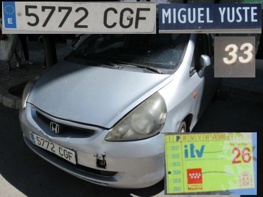 Veh&iacute;culos abandonados, verlassene Fahrzeuge, Madrid, Spanien, Honda Jazz, Kennzeichen 5772 CGF, Erstzulassung M&auml;rz 2003, Calle Miguel Yuste 33, 28037 Madrid im Juli 2026