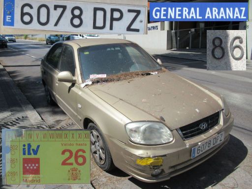 Veh&iacute;culos abandonados, verlassene Fahrzeuge, Madrid, Spanien, Hyundai Accent GLS, Kennzeichen 6078 DPZ, Erstzulassung Januar 2005, Calle General Aranaz 86, 28027 Madrid im Juli 2026
