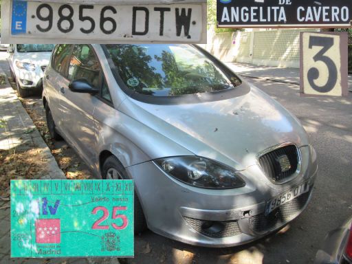 Veh&iacute;culos abandonados, verlassene Fahrzeuge, Madrid, Spanien, Seat Altea, Kennzeichen 9856 DTW, Erstzulassung Januar 2005, Calle Angelita Cavero 3, 28027 Madrid im Juli 2026