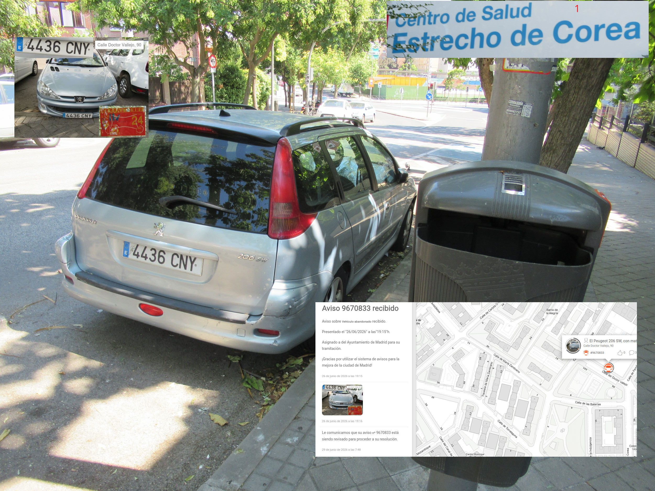 Veh&iacute;culos abandonados, verlassene Fahrzeuge, Madrid, Spanien, Peugeot 206 SW, Kennzeichen 4436 CNY, Erstzulassung November 2003, Calle Estrecho de Corea 1, 28027 Madrid im Juli 2026