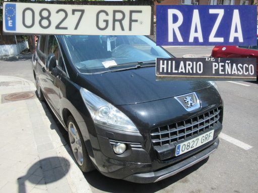 Veh&iacute;culos abandonados, verlassene Fahrzeuge, Madrid, Spanien, Peugeot 3008, Kennzeichen 0827 GRF, Erstzulassung Oktober 2009, Calle Raza 10 / Calle Hilario Pe&ntilde;asco, 28022 Madrid im Juli 2026