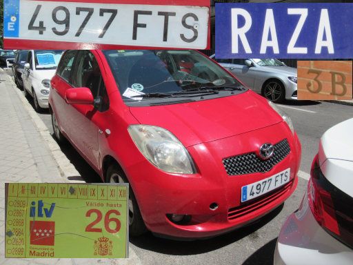 Veh&iacute;culos abandonados, verlassene Fahrzeuge, Madrid, Spanien, Toyota Yaris, Kennzeichen 4977 FTS, Erstzulassung August 2007, Calle Raza 3 B, 28022 Madrid im Juli 2026