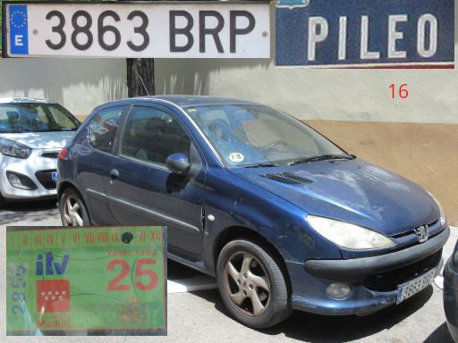 Veh&iacute;culos abandonados, verlassene Fahrzeuge, Madrid, Spanien, Peugeot 206, Kennzeichen 3863 BRP, Erstzulassung Dezember 2001, Calle Pileo 16, 28027 Madrid im Juli 2026