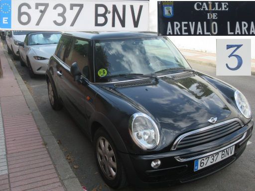Vehículos abandonados, verlassene Fahrzeuge, Madrid, Spanien, Mini One, Kennzeichen 6737 BNV, Erstzulassung November 2001, Calle Arevalo Lara 3, 28027 Madrid im Juni 2025