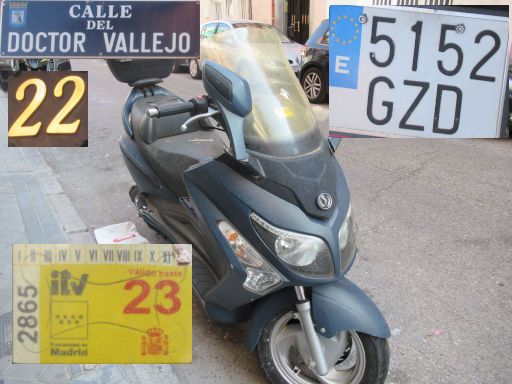 Vehículos abandonados, verlassene Fahrzeuge, Madrid, Spanien, Motorroller, Kennzeichen 5152 GZD, Erstzulassung Oktober 2010, Calle Doctor Vallejo 22, 28027 Madrid im Juni 2025