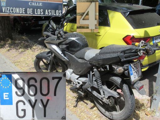 Vehículos abandonados, verlassene Fahrzeuge, Madrid, Spanien, Motorrad, Kennzeichen 9607 GYY, Erstzulassung Oktober 2010, Calle Vizconde de los Asilos 4, 28027 Madrid im Juni 2025