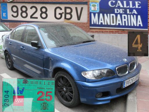 Vehículos abandonados, verlassene Fahrzeuge, Madrid, Spanien, BMW 320, Kennzeichen 9828 GBV, Erstzulassung März 2008, Calle Mandarina 4, 28027 Madrid im Juni 2025