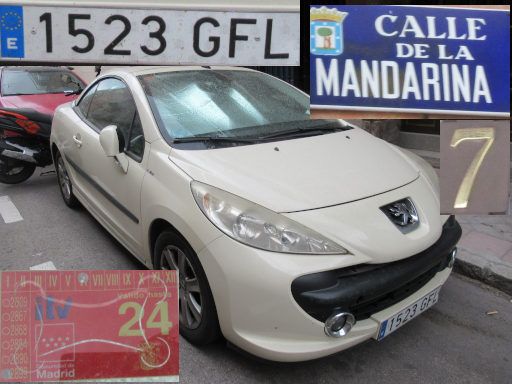 Vehículos abandonados, verlassene Fahrzeuge, Madrid, Spanien, Peugeot 207, Kennzeichen 1523 GFL, Erstzulassung Juni 2008, Calle Mandarina 7, 28027 Madrid im Juni 2025