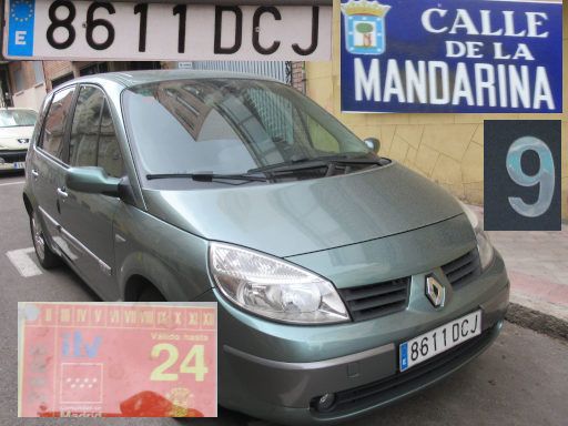 Vehículos abandonados, verlassene Fahrzeuge, Madrid, Spanien, Renault Scenic, Kennzeichen 8611 DCJ, Erstzulassung November 2004, Calle Mandarina 9, 28027 Madrid im Juni 2025