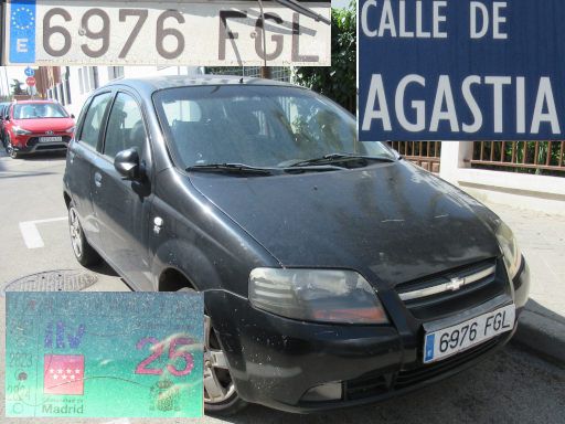 Vehículos abandonados, verlassene Fahrzeuge, Madrid, Spanien, Chevrolet Kalos, Kennzeichen 6976 FGL, Erstzulassung Oktober 2006, Calle Agastia, 28027 Madrid im Juni 2025