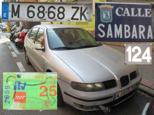 Vehículos abandonados, verlassene Fahrzeuge, Madrid, Spanien, Seat Toledo, Kennzeichen M 6868 ZK, Erstzulassung August 2000, Calle Sambara 124, 28027 Madrid im Juni 2025