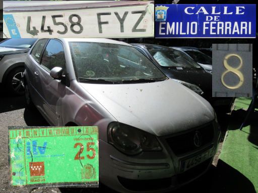 Veh&iacute;culos abandonados, verlassene Fahrzeuge, Madrid, Spanien, Volkswagen Polo, Kennzeichen 4458 FYZ, Erstzulassung Januar 2008, Calle Emilio Ferrari 8, 28017 Madrid im Juni 2026
