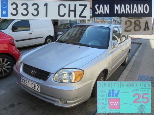 Veh&iacute;culos abandonados, verlassene Fahrzeuge, Madrid, Spanien, Hyundai Accent GLS, Kennzeichen 3331 CHZ, Erstzulassung Mai 2003, Calle San Mariano 28 A, 28022 Madrid im Juni 2026