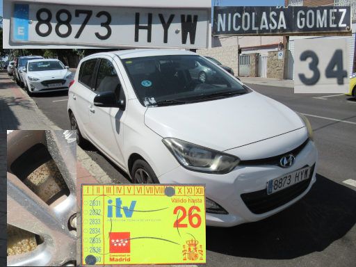 Veh&iacute;culos abandonados, verlassene Fahrzeuge, Madrid, Spanien, Hyundai i20, Kennzeichen 8873 HYW, Erstzulassung August 2014, Calle Nicolasa Gomez 34, 28022 Madrid im Juni 2026