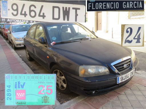 Veh&iacute;culos abandonados, verlassene Fahrzeuge, Madrid, Spanien, Hyundai Elantra, Kennzeichen 9464 DWT, Erstzulassung Januar 2005, Calle Florencio Garcia 24, 28027 Madrid im Juni 2026
