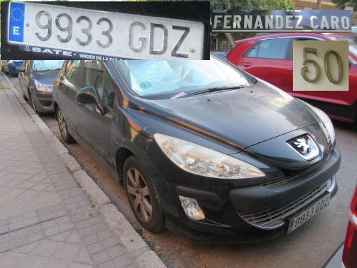 Veh&iacute;culos abandonados, verlassene Fahrzeuge, Madrid, Spanien, Peugeot 307, Kennzeichen 9933 GDZ, Erstzulassung Mai 2008, Calle Fernandez Caro 50, 28027 Madrid im Juni 2026