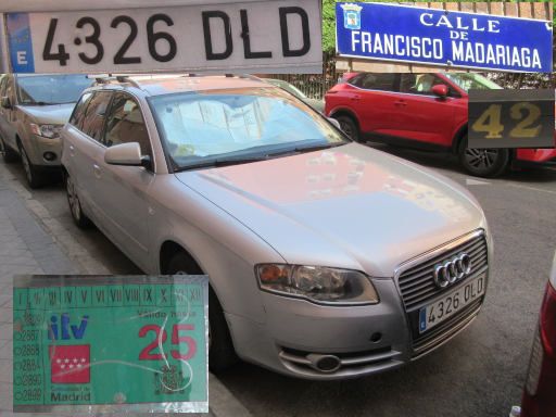 Veh&iacute;culos abandonados, verlassene Fahrzeuge, Madrid, Spanien, Audi A4 2.0 TDI, Kennzeichen 4326 DLD, Erstzulassung Januar 2005, Calle Francisco Madariaga 42, 28017 Madrid im Juni 2026