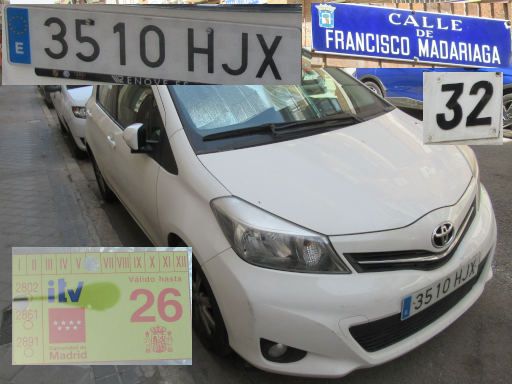 Veh&iacute;culos abandonados, verlassene Fahrzeuge, Madrid, Spanien, Toyota Yaris, Kennzeichen 3510 HJX, Erstzulassung April 2012, Calle Francisco Madariaga 32, 28017 Madrid im Juni 2026
