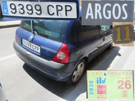 Veh&iacute;culos abandonados, verlassene Fahrzeuge, Madrid, Spanien, Renault Clio, Kennzeichen 9399 CPP, Erstzulassung Dezember 2003, Calle Argos 11, 28037 Madrid im Juni 2026