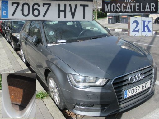 Veh&iacute;culos abandonados, verlassene Fahrzeuge, Madrid, Spanien, Audi A3 TDI, Kennzeichen 7067 HVT, Erstzulassung Februar 2014, Calle Moscatelar 2 K, 28043 Madrid im M&auml;rz 2026