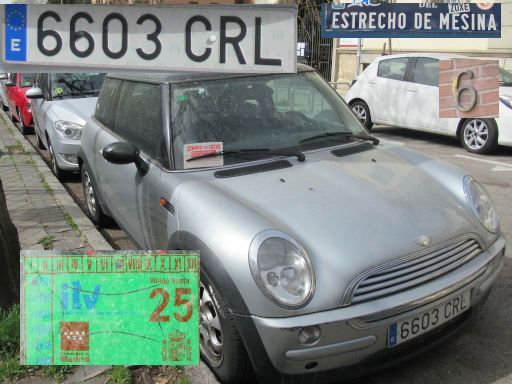 Veh&iacute;culos abandonados, verlassene Fahrzeuge, Madrid, Spanien, Mini Cooper, Kennzeichen 6603 CRL, Erstzulassung Januar 2004, Calle Estrecho Mesina 6, 28043 Madrid im M&auml;rz 2026