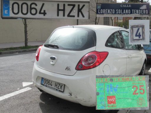 Veh&iacute;culos abandonados, verlassene Fahrzeuge, Madrid, Spanien, Ford Ka, Kennzeichen 0064 HZK, Erstzulassung September 2014, Calle Lorenzo Solano Tendero 4, 28043 Madrid im M&auml;rz 2026