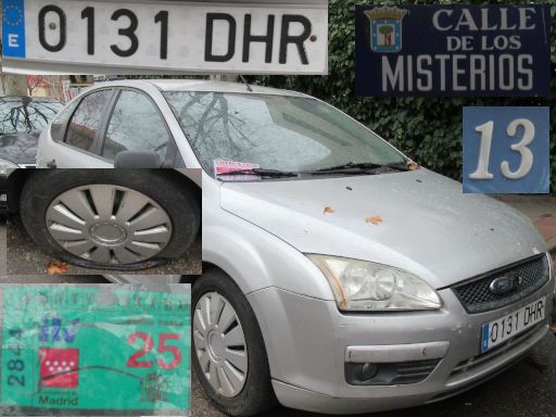 Veh&iacute;culos abandonados, verlassene Fahrzeuge, Madrid, Spanien, Ford Focus, Kennzeichen 0131 DHR, Erstzulassung Januar 2005, Calle Misterios 13, 28027 Madrid im M&auml;rz 2026