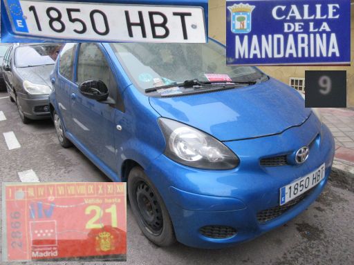 Veh&iacute;culos abandonados, verlassene Fahrzeuge, Madrid, Spanien, Toyota Aygo, Kennzeichen 1850 HBT, Erstzulassung Februar 2011, Calle Mandarina 9, 28027 Madrid im M&auml;rz 2026