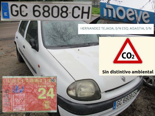 Veh&iacute;culos abandonados, verlassene Fahrzeuge, Madrid, Spanien, Renault Clio, Kennzeichen GC 6808 CH, Erstzulassung September 1999, Calle Hernandez Tejada s/n ESQ. Agastia s/n, 28027 Madrid im M&auml;rz 2026