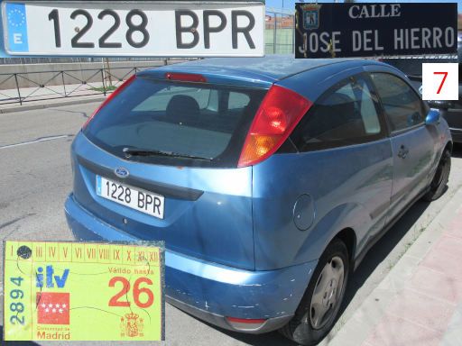 Veh&iacute;culos abandonados, verlassene Fahrzeuge, Madrid, Spanien, Ford Focus, Kennzeichen 1228 BPR, Erstzulassung Dezember 2001, Calle Jose del Hierro 7, 28027 Madrid im M&auml;rz 2026