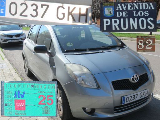 Veh&iacute;culos abandonados, verlassene Fahrzeuge, Madrid, Spanien, Toyota Yaris, Kennzeichen 0237 GKH, Erstzulassung Dezember 2008, Avenida de los Prunos 82, 28042 Madrid im M&auml;rz 2026