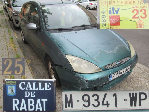 Vehículos abandonados, verlassene Fahrzeuge, Madrid, Spanien, Ford Focus, Kennzeichen M 9341 WP, Erstzulassung Oktober 1998, Calle de Rabat 25, 28030 Madrid im Mai 2025