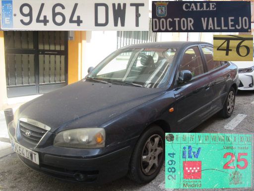 Vehículos abandonados, verlassene Fahrzeuge, Madrid, Spanien, Hyundai Elantra, Kennzeichen 9464 DWT, Erstzulassung Januar 2005, Calle Doctor Vallejo 46, 28027 Madrid im Mai 2025