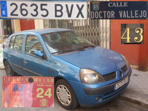 Vehículos abandonados, verlassene Fahrzeuge, Madrid, Spanien, Renault Clio, Kennzeichen 2635 BVX, Erstzulassung Mai 2002, Calle Doctor Vallejo 43, 28027 Madrid im Mai 2025