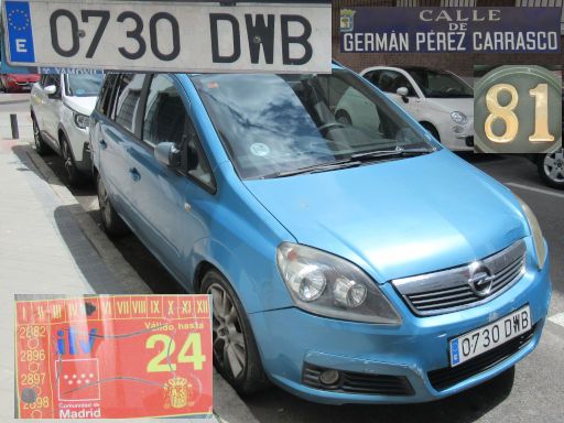 Vehículos abandonados, verlassene Fahrzeuge, Madrid, Spanien, Opel Zafira 1.9 CDTI, Kennzeichen 0730 DWB, Erstzulassung Januar 2005, Calle de German Pérez Carrasco 81, 28027 Madrid im Mai 2025