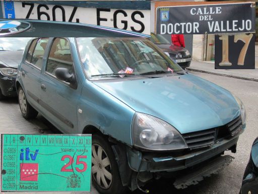Vehículos abandonados, verlassene Fahrzeuge, Madrid, Spanien, Renault Clio Campus, Kennzeichen 7604 FGS, Erstzulassung Oktober 2006, Calle del Doctor Vallejo 17, 28027 Madrid im Mai 2025