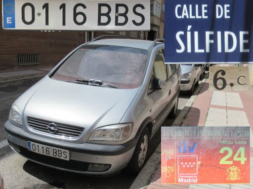 Vehículos abandonados, verlassene Fahrzeuge, Madrid, Spanien, Opel Zafira Di 16V, Kennzeichen 0116 BBS, Erstzulassung Oktober 2000, Calle de Sílfide 6 C, 28022 Madrid im Mai 2025